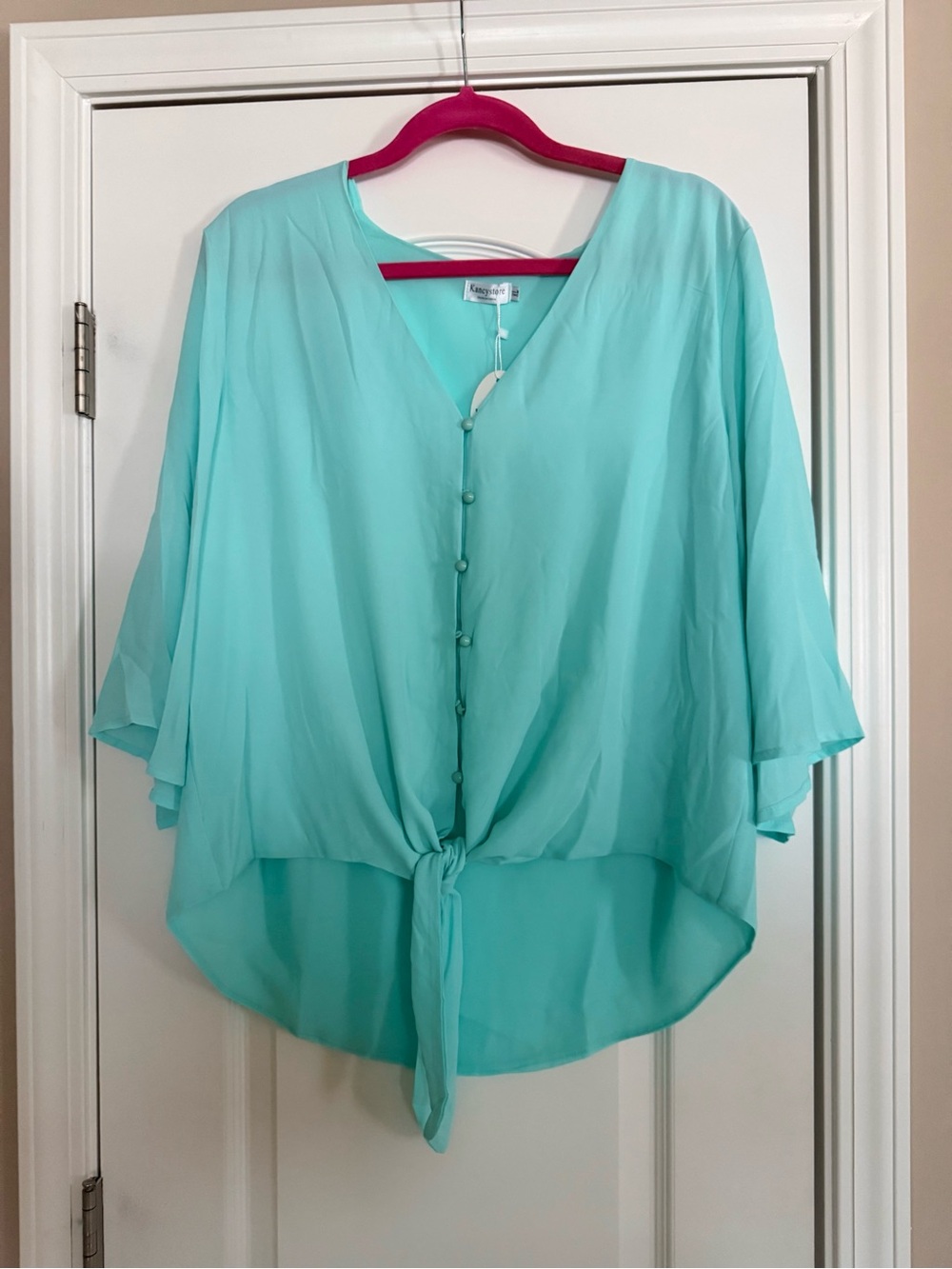 Seafoam Tie-Front V-Neck Button Blouse